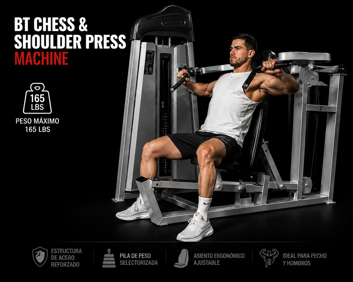 BT Chest and Shoulder Press Machine con persona utilizándola, fondo negro, peso máximo 165 lb