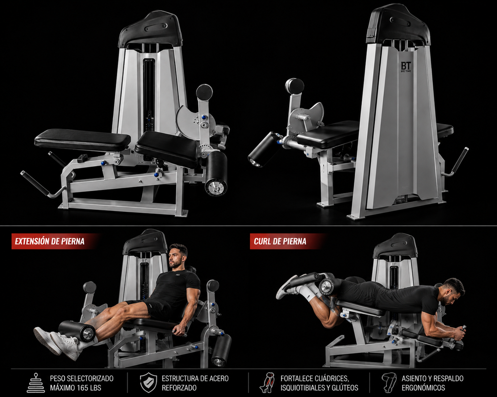 BT Leg Extension & Leg Curl Machine 2 in 1 con persona real, fondo negro, 165 lb