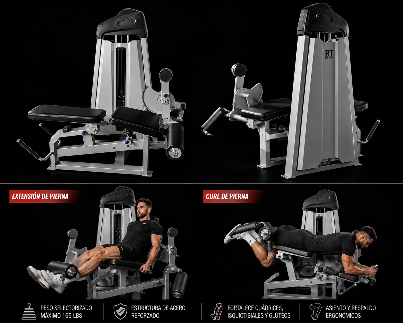 BT Leg Extension & Leg Curl Machine 2 in 1 con persona real, fondo negro, 165 lb